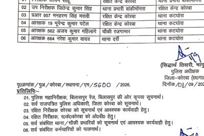 कोरबा बिग ब्रेकिंग.... पुलिस कप्तान ने अभी अभी जारी किया आदेश.... एक टीआई, एक एस आई सहित इनका किया ट्रांसफर......