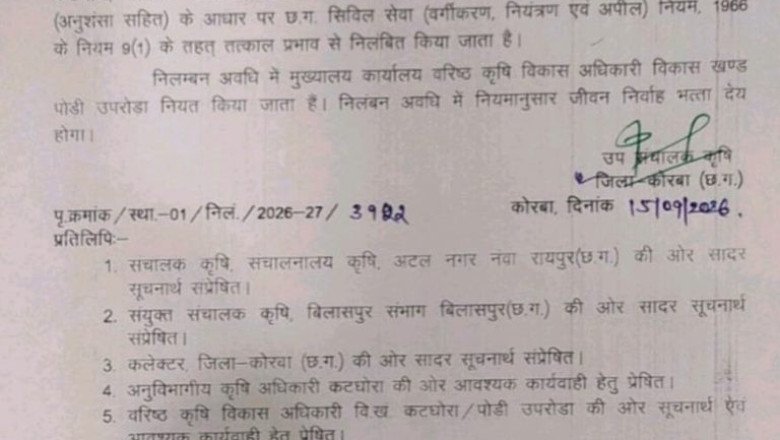 कोरबा बिग ब्रेकिंग ::: इस भाजपा नेता की शिकायत पर विभाग ने तत्काल निलंबित किए गए ग्रामीण कृषि विस्तार अधिकारी..